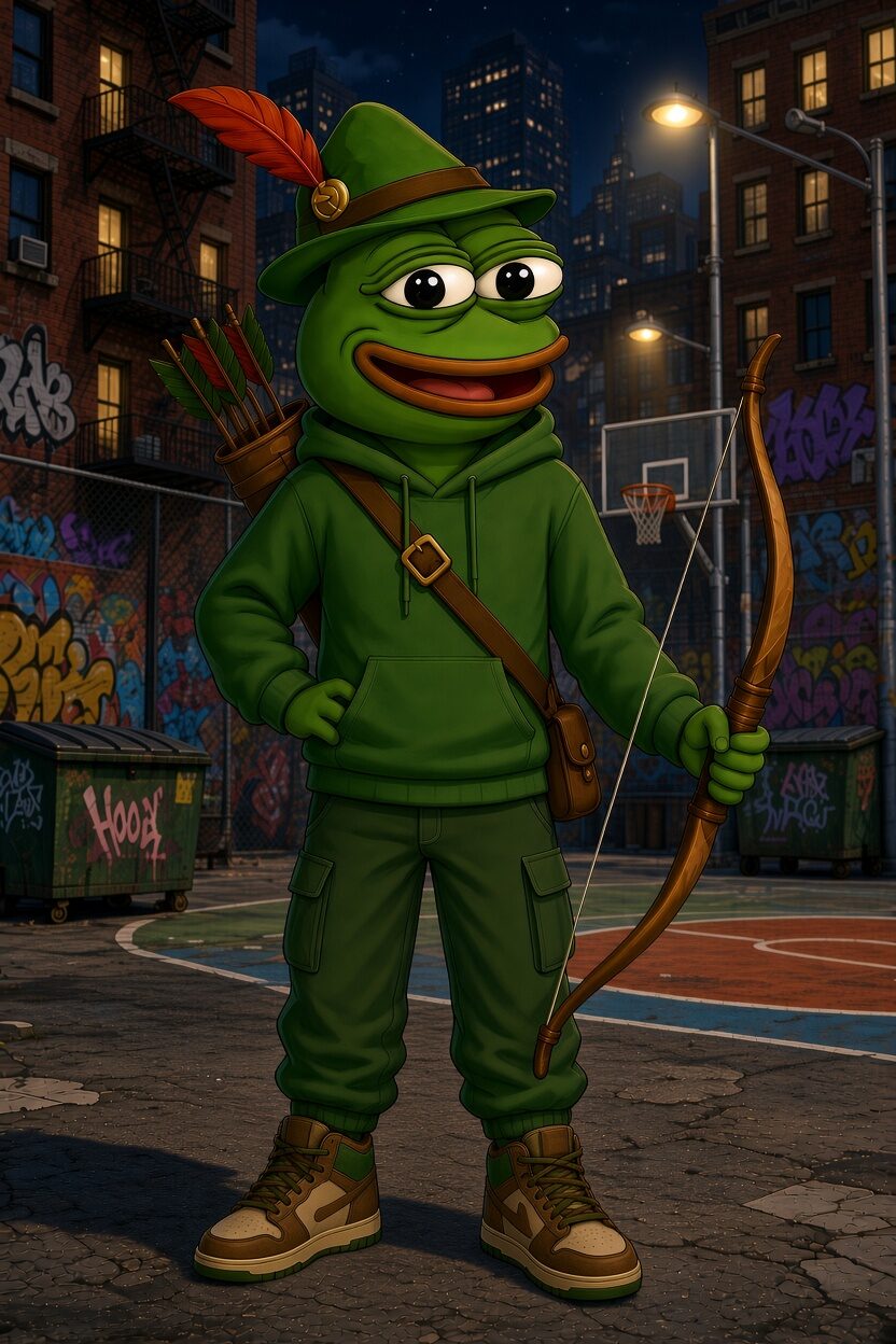 Rob, a grinning green frog in a feathered Robin Hood hat and green hoodie, holding a bow on a graffiti-covered basketball court at night.