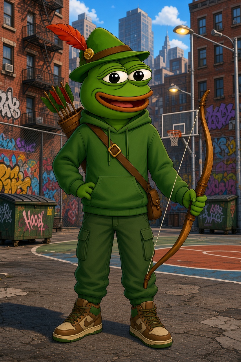 Rob, a grinning green frog in a feathered Robin Hood hat and green hoodie, holding a bow on a graffiti-covered basketball court at night.